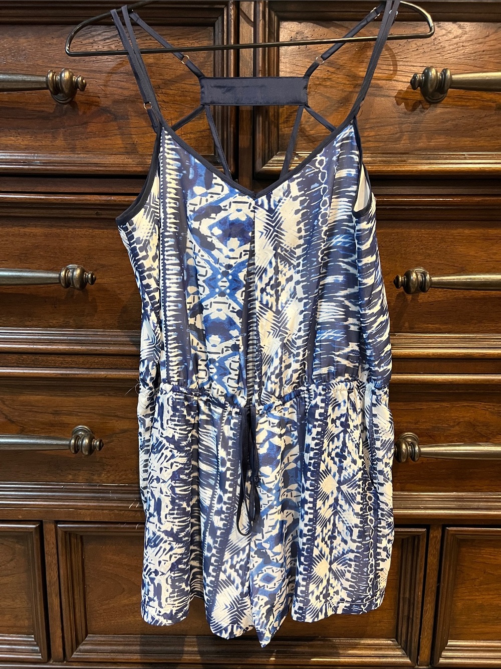 Blue and White Printed Sleeveless Romper